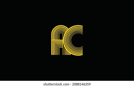 Letter AC Lines Logo Vectordesign mit gelben parallelen Linien und schwarzem Hintergrund.