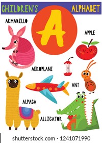 Letter A.Cute children's alphabet with adorable animals and other things.Poster for kids learning English vocabulary.Cartoon vector illustration.