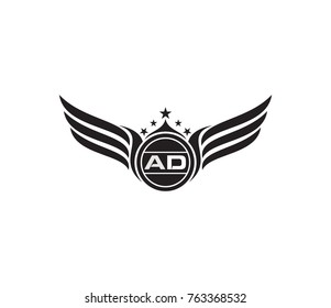 Letter AD logo. letter AD with wing illustration.  letter with star flat style isolated