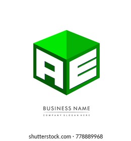 Letter AE logo in hexagon shape and green background, cube logo with letter design for company identity.
