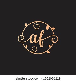 Letter AF Decorative, Classy Monogram logo inside a circular stalk, stem, or root with floral, leaves ornament. Letter AF florist logo. AF wedding logo, crafting logo