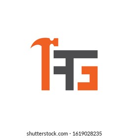 Letter AG with with hammer renovation, building services, repair, construction logo design template. Orange and Grey color icon. Isolated on white background. Vector illustration in eps 10.