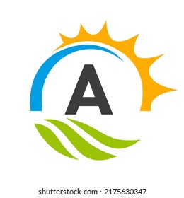 Letter A Agriculture Logo Vector Template. Agriculture Logo Concept with Green Field and Bright Sun Element