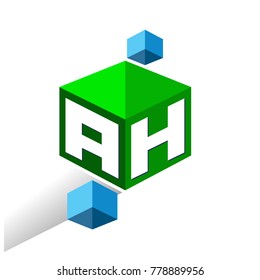 Letter AH logo in hexagon shape and green background, cube logo with letter design for company identity.
