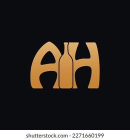 Letra AH Logotipo Con Vector De Diseño De Botella De Vino Ilustración En Fondo Negro. Diseño del logotipo AH de la carta de cristal de vino. Hermoso Diseño Logotipo Para La Marca De La Empresa De Vinos.