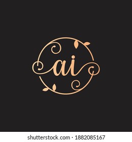 Letter AI Decorative, Classy Monogram logo inside a circular stalk, stem, or root with floral, leaves ornament. Letter AI florist logo. AI wedding logo, crafting logo