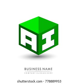 Letter AI logo in hexagon shape and green background, cube logo with letter design for company identity.
