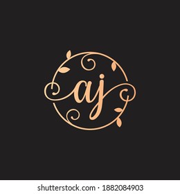 Letter AJ Decorative, Classy Monogram logo inside a circular stalk, stem, or root with floral, leaves ornament. Letter AJ florist logo. AJ wedding logo, crafting logo