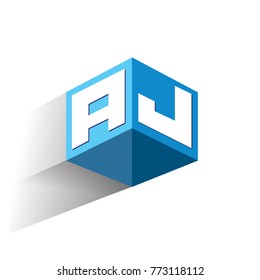 Letter AJ logo in hexagon shape and blue background, cube logo with letter design for company identity.

