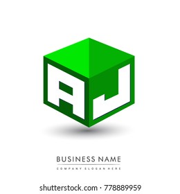 Letter AJ logo in hexagon shape and green background, cube logo with letter design for company identity.
