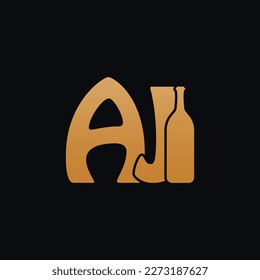 Letter AJ Logo With Wine Bottle Design Vector Illustration On Black Background. Wine Glass Letter AJ Logo Design. Beautiful Logotype Design For Wine Company Branding.