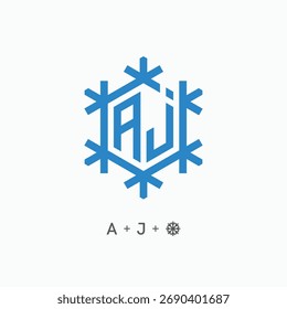 Letra AJ diseño de logotipo de copo de nieve. Logotipo hexagonal de la insignia del cristal de hielo fresco del monograma de AJ