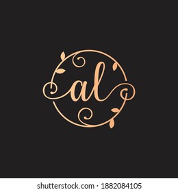 Letter AL Decorative, Classy Monogram logo inside a circular stalk, stem, or root with floral, leaves ornament. Letter AL florist logo. AL wedding logo, crafting logo