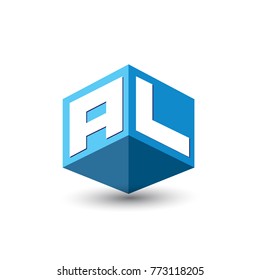 Letter AL logo in hexagon shape and blue background, cube logo with letter design for company identity.
