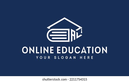 Letter AL Online Education Vector Logo Illustration. Hat, Book, Pen, Pencil And Play Button. Education Icon Suitable for Web, Banner, Flyer, Sticker, Card, Background.