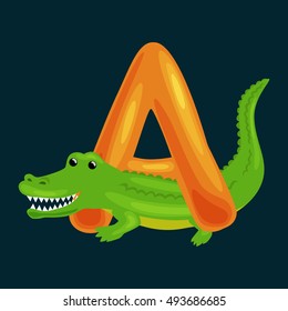 letter A with Aligator animal for kids abc education in preschool.