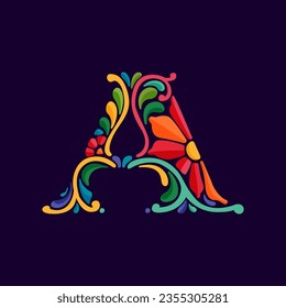 Letter Alogo with Mexican colorful and ornate ethnic pattern. Traditional Aztec leaves and flowers embroidery ornament. Vector design template for folk Spanish food, holidays, carnival, and party.