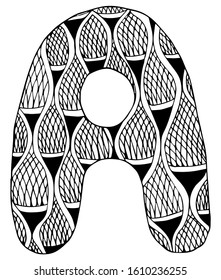 Letter of the alphabet artistically ornament with doodle patterns, zentangle tribal style for adult coloring books, tattoos, t-shirts or prints. Letter A.