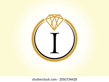 Letter I alphabet in a circle with Diamond. Diamond ring logo. Jewelry logo design concept. Modern vector logo for business and company identity.
