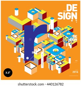 Letter alphabet with colorful abstract isometric background illustration. Space layout and design template. Composition for poster and publication design.