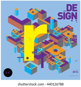 Letter alphabet with colorful abstract isometric background illustration. Space layout and design template. Composition for poster and publication design.