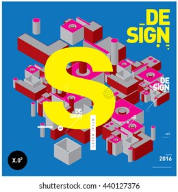 Letter alphabet with colorful abstract isometric background illustration. Space layout and design template. Composition for poster and publication design.