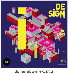 Letter I alphabet with colorful abstract isometric background illustration. Space layout and design template. Composition for poster and publication design.