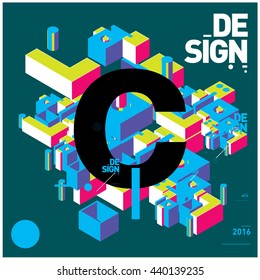 Letter alphabet with colorful abstract isometric background illustration. Space layout and design template. Composition for poster and publication design.