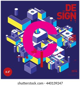 Letter alphabet with colorful abstract isometric background illustration. Space layout and design template. Composition for poster and publication design.