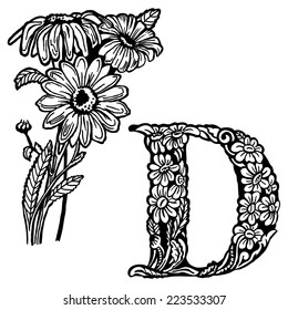 Letter of the alphabet D. A buch of a daisy with flowers and leaves.