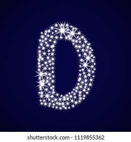 Letter of the alphabet D. Vector illustration. Shiny stars on blue background.