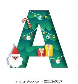 Letter A Alphabet Font Cute Merry Christmas Concept Santa Claus Candy Cane Gift Box Christmas Tree Character Font Christmas Element Cartoon Green 3D Paper Layer Cutout Card Vector Illustration