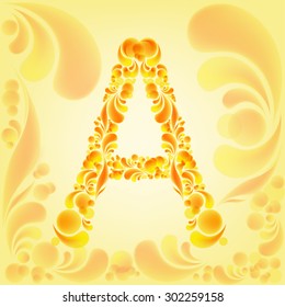 A letter of the alphabet in a gold pattern on a background of the ornament