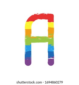 Letter A of alphabet, isolated outline symbol. Drawing sign with LGBT style, seven colors of rainbow (red, orange, yellow, green, blue, indigo, violet