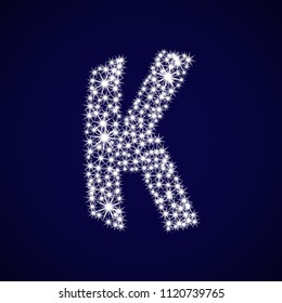 Letter of the alphabet K. Vector illustration. The shining sequins on a blue background.