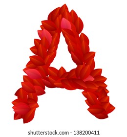 Letter A of alphabet made from red petals