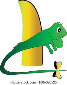 letter i of the alphabet represented by an iguana wearing a yellow bow on its tail