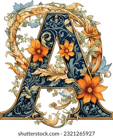 letra A alfabeto, texto A, en el uso de flores, hojas y mariposas mezclándose en la letra A