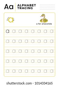 Letter A Alphabet Tracing Book with Example and Funny Anaconda Snake Cartoon. Preschool worksheet for practicing fine motor skill. Vector Illustration for Children.