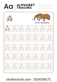 Letter A Alphabet Tracing Book with Example and Funny Anteater Cartoon. Preschool worksheet for practicing fine motor skill. Vector Illustration for Children.
