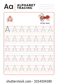 Letter A Alphabet Tracing Book with Example and Funny Ant Insect Cartoon. Preschool worksheet for practicing fine motor skill. Vector Illustration for Children.