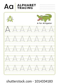 Letter A Alphabet Tracing Book with Example and Funny Alligator Crocodile Cartoon. Preschool worksheet for practicing fine motor skill. Vector Illustration for Children.