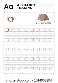 Letter A Alphabet Tracing Book with Example and Funny Armadillo Cartoon. Preschool worksheet for practicing fine motor skill. Vector Illustration for Children.