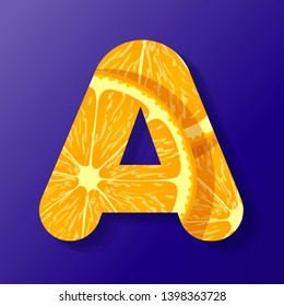 Letter A,made of orange fruit slices, isolated on a dark blue background, vector illustration