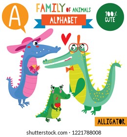 Letter A-Mega big set.Cute vector alphabet with family of animals in cartoon style.