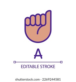 Letter A in American sign language pixel perfect RGB color icon. Nonverbal communication system. Isolated vector illustration. Simple filled line drawing. Editable stroke. Arial font used