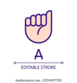 Letter A in American sign language pixel perfect RGB color icon. Nonverbal communication system. Isolated vector illustration. Simple filled line drawing. Editable stroke. Arial font used