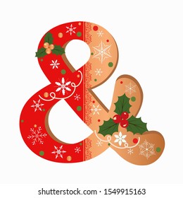 Letter Ampersand cookie alphabet vector with Christmas flowers and snowflakes. Illustration Cookie Ampersand
