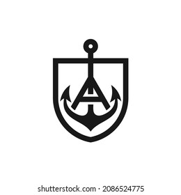 letter A anchor logo design and shield