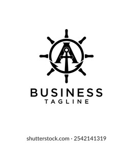 letter A anchor with queen ship steering wheel symbol simple modern logo